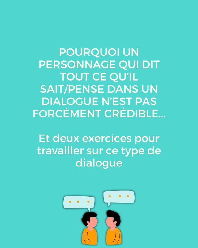 🗨️ Pourquoi un personnage qui dit tout ce qu’il sait/pense dans un dialogue n’est pas forcément crédible...
.
📗 Et deux exercices pour travailler sur ce type de dialogue
.
Dans la vraie vie, on ne dit pas tout ce qu’on pense et on garde des secrets. Alors pourquoi les personnages d’un roman diraient ouvertement tout ce qu’ils pensent ? Ce n’est pas crédible. 🤔
.
👉 En plus, ça peut vous faire perdre une occasion d’ajouter du conflit ou de la tension.
.
📱 Swipez pour découvrir l’exercice.
.
Et vous, est-ce que vous aimez écrire des dialogues ou est-ce que vous trouvez ça plutôt difficile ? 🤗
.
✒️ Je suis Alicia, formatrice en écriture de fiction spécialisée en Fantasy, science-fiction et littérature Young Adult. J’aide les écrivains, ados et adultes, à bien débuter leur projet de roman ou de nouvelle et à enfin terminer leur premier jet. Retrouvez d'autres astuces et exercices sur mon compte @midgardswriters ainsi que dans ma Newsletter (voir linktree dans la bio).
.
.
.
#ecrireunehistoire #auteurdebutant #ecrireunlivre #ecrireunroman #devenirecrivain #ecrivaindebutant #writingfiction #écriturecréative #activitecreative #atelierdecriture